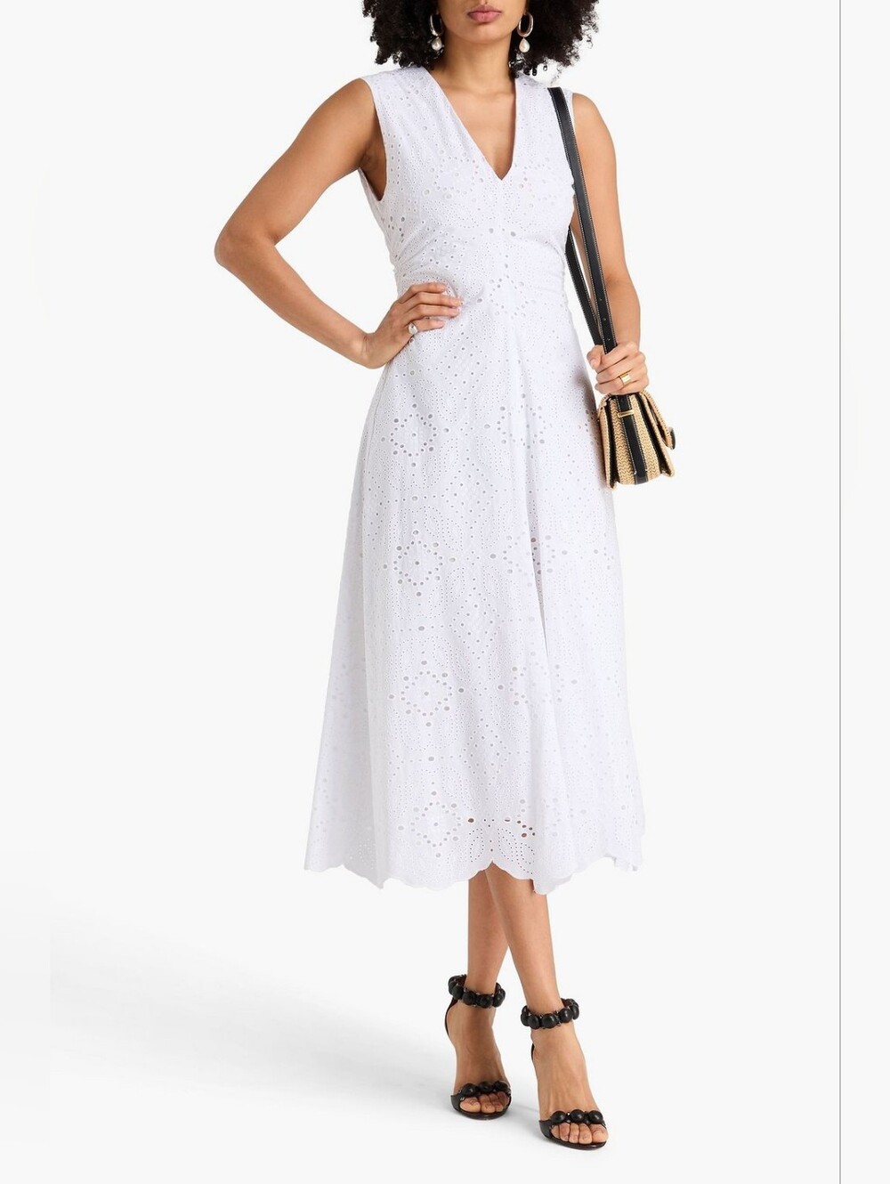 Veronica Beard Aven Eyelet White Eyelet V-Neck Midi Dress